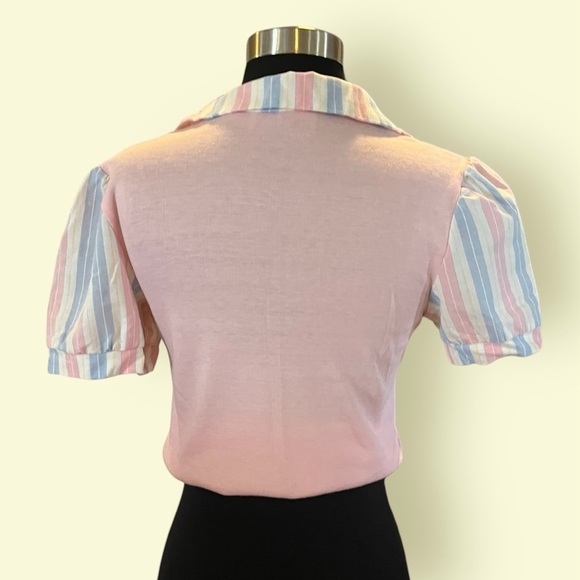 Vintage 80s Sears pink striped puff sleeve semi cropped vest top S - Picture 2 of 8